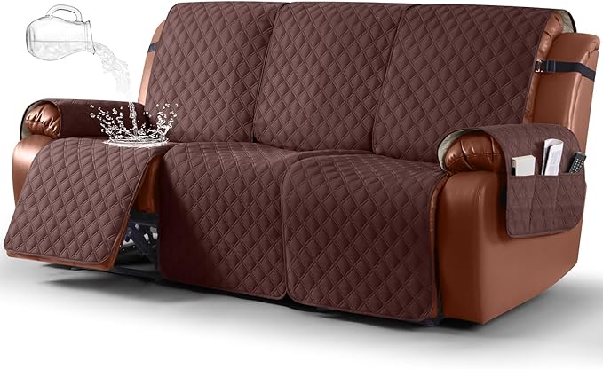 Ruaozz Waterproof Recliner Sofa Covers, 1-Piece Couch Covers for Reclining Couches Reclining Couch Cover Washable Furniture Protector with Elastic Straps Pocket for Kids Pets (Coffee, 3 Seater)