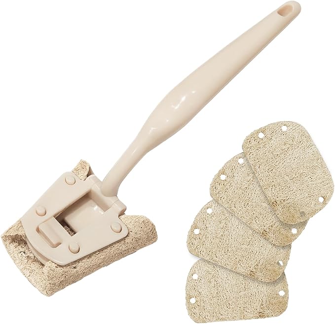 Natural Loofah Sponge with Handle, 5-Piece Replaceable Eco Sponges for Cleaning, Non-Scratch Scrubber for Dishwashing Cookware Pans, Kitchen Eco-Friendly Tools