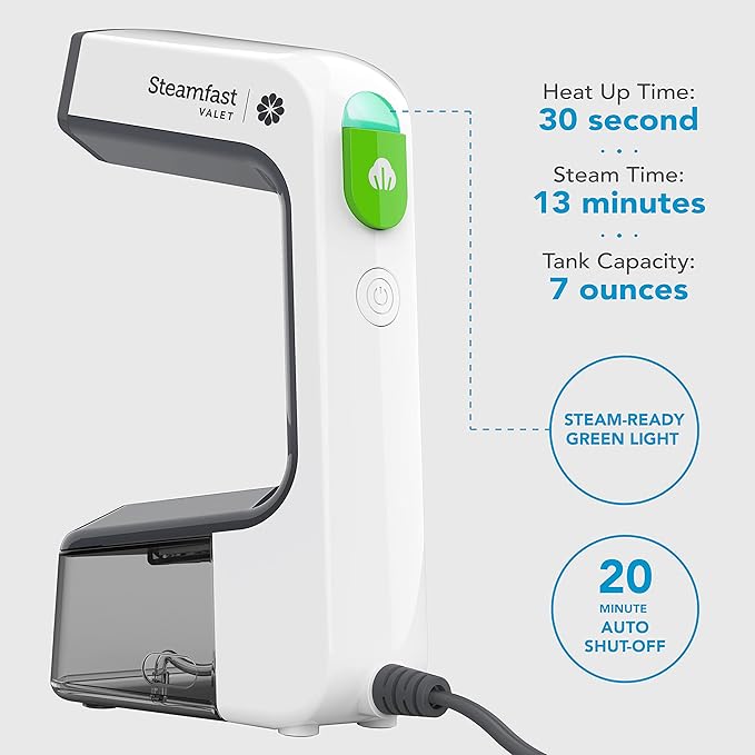 Steamfast VALET Handheld Garment Steamer, Chemical-Free, Removable Tank, Quick Heat-Up Time, Travel Friendly, White