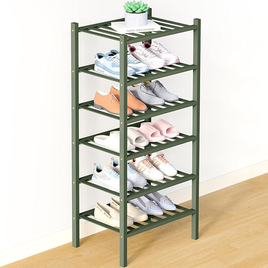 Smiry Bamboo Shoe Rack for Closet, 6 Tier Small Wooden Stackable Shoe Organizer, Free Standing Shoes Storage Shelf for Entryway, Front Door Entrance, Green
