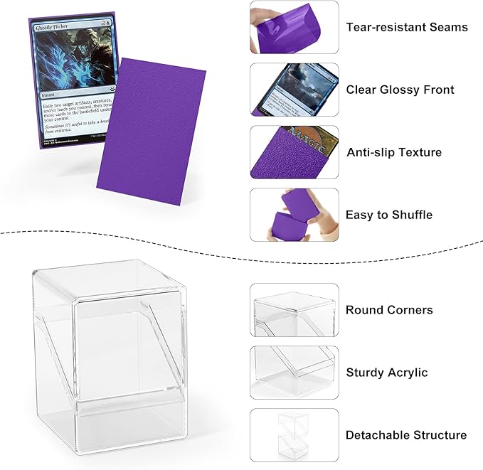 Card Deck Case, Deck Box with 100 Pack Card Sleeves and Divider, Standard Clear Commander Cards Storage Box Perfect Fit for MTG, Sport, Trading Cards (Purple)