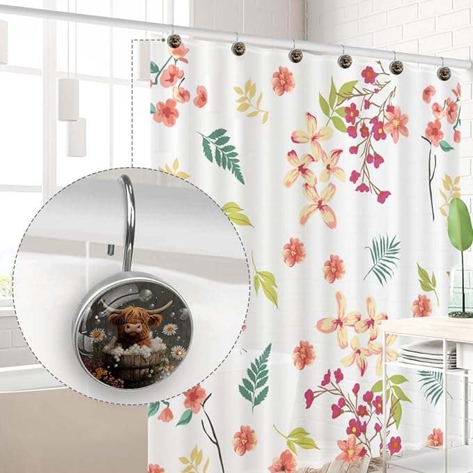 Rural Bathing Highland Cow Shower Curtain Hooks 12Pcs, Decorative Rust Resistant Shower Rings for Shower Curtain Rods, Stainless Steel Round Curtain Hooks for Bathroom, Bedroom, Farmhouse