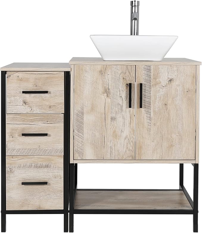 eclife 36" Bathroom Vanity Sink Combo Modern Metal Stand Cabinet W/Bottom Shelf & Storage Side Cabinet White Square Vessel Sink & Water Save Faucet & Pop Up Drain, Oak (A07)