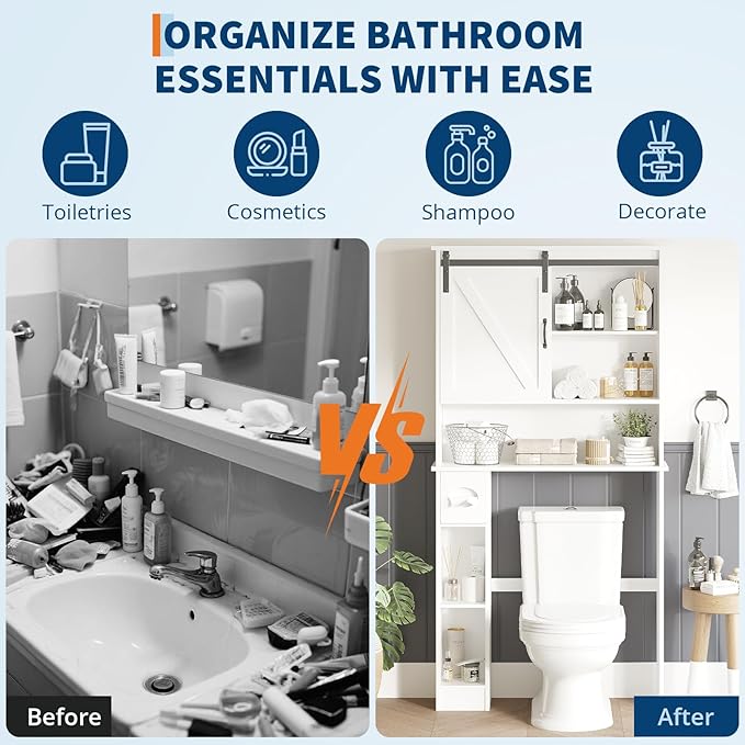 Over the Toilet Storage Cabinet Bathroom Shelf over toilet with Sliding Barn Door, Toilet Organizer with Toilet Paper Holder, Toilet Organizer Rack with Adjustable Shelf for Bathroom, Laundry, White