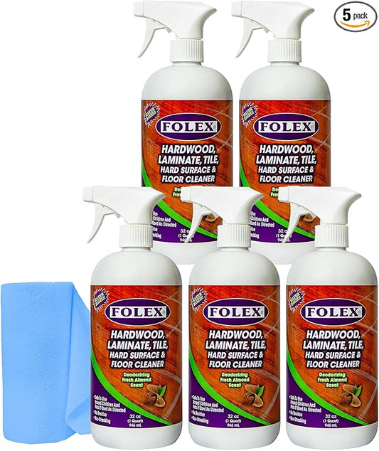 FOLEX Hardwood, Laminate, Tile, Hard Surface & Floor Cleaner with Reusable Cleaning Cloth, Fresh Almond Scent, Residue and Streak Free - 5 Pack