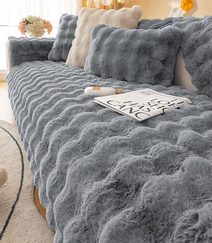 Soft Warm Faux Fur Couch Sofa Cover Thick Shaggy Fuzzy Sectional Couch Cover Non-Slip Solid Color Plush Sofa Slipcover Furniture Protector for Kids, Pets (Dark Grey,43"x82")