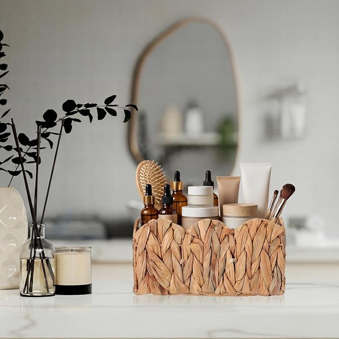 Scalloped Small Water Hyacinth Basket Caddy Party Cutlery Utensil Holder Hand Woven Rattan Basket Divided Cutlery Holder with Handles Kitchen Countertop Picnic Flatware Organizer for Shelves