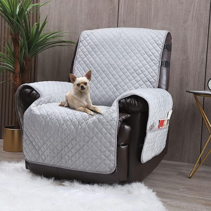 LUFEIJIASHI Velvet Recliner Covers Non Slip Waterproof Recliner Chair Covers for Leather Chairs Reversible Recliner Sofa Cover for Living Room Recliner Furniture Protectors Cover for Dog Grey 23"