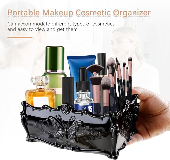 PDFans Makeup Organizers, Vintage Style Acrylic Cosmetic Organizer for Vanity Drawer Make Up & Jewelry Storage(Black) (Black)