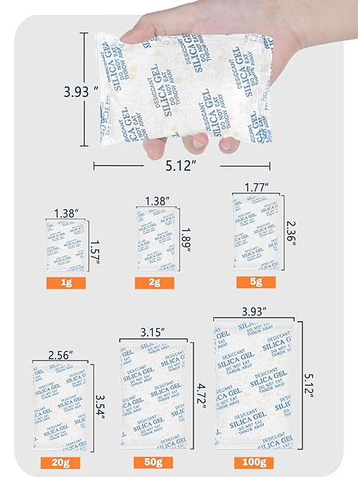50 Gram (40 Pack) Color-Indicating Silica Gel Packets, Each 5 Pack Individually Sealed, Food Grade Desiccant - Rechargeable Moisture Absorbers for Food Storage, Electronics, 3D Filament & Safes