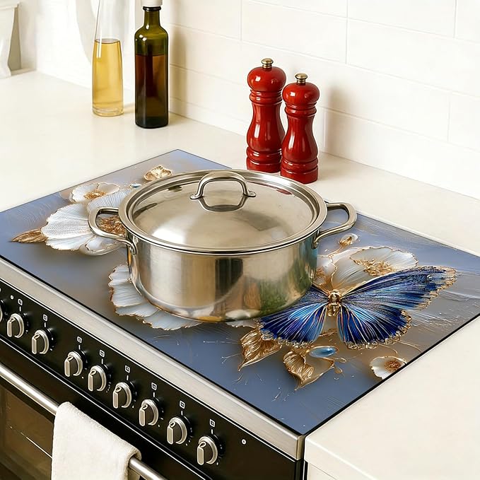 Stove Top Covers for Electric Stove, Grease-Resistant Stove Cover, Dust-Blocking Surface Shield, Reusable Countertop Mat, 28.3 x 20.5 Inches, Blue Butterfly Floral Decor(Butterfly)