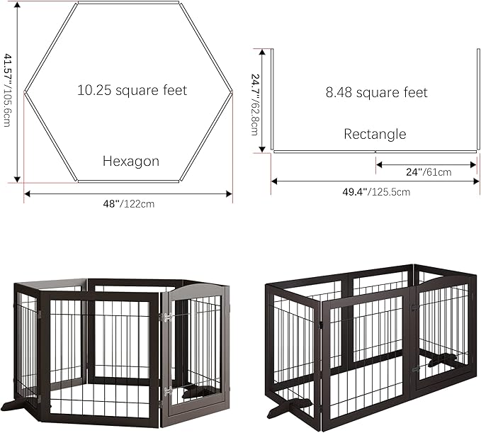 Vantas Folding Pet Gate 144" Wide, 30" Tall No-Assembly Wooden Dog Gate with Door Walk Through, Freestanding Wire Pet Gate, Pet Puppy Safety Fence, with 2PCS Support – Espresso