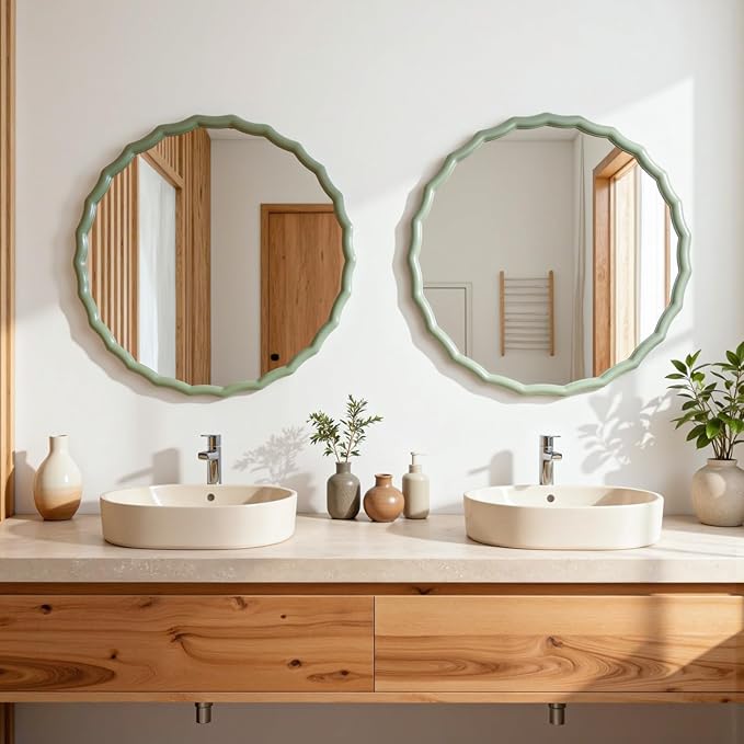 24" Green Scalloped Circle Mirror, Round Wavy Edge Mirror, Farmhouse Wood Frame Vanity Mirror Decorative for Bathroom Bedroom Living Room Home House Office Entryway