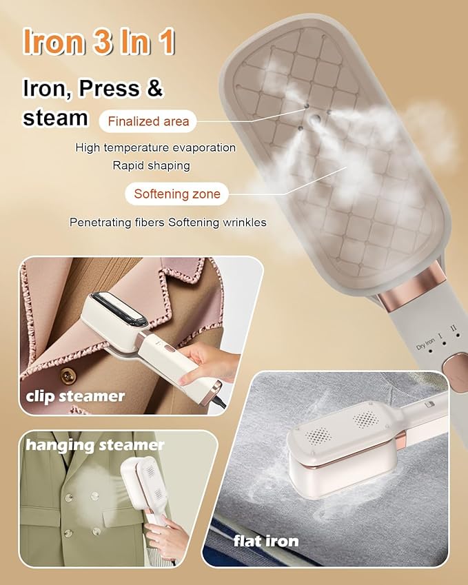 Travel Steamer for Clothes, 3 in 1 Portable Handheld Steamer, Steam Iron Wet & Dry Ironing,15s Fast Heat Up, 180° Flip, 1000W Light Mini Steam Iron for Travel and Home (Beige)
