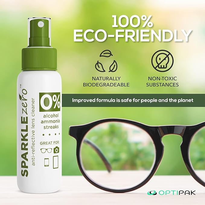 Sparkle Anti-Reflective Eco Friendly Lens Cleaner Spray Kit | (2x) 2oz Glasses Cleaner Bottle + (2x) Microfiber Cloth for Eyeglasses, Lenses, Screens and Sunglasses Cleaning Kit (4 Piece Set)