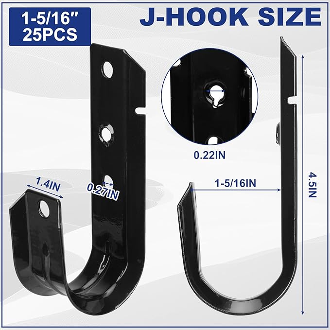 Zonon Black Cable Support J Hooks for Hanging Heavy Duty Metal J Hook for Cable and Wire Management Galvanized Steel(1-5/16 Inch)