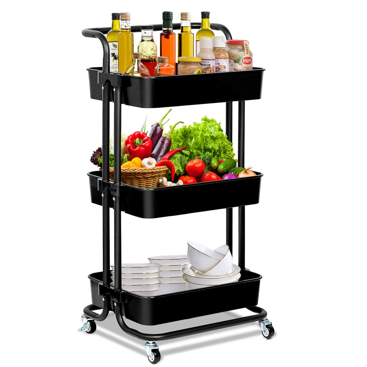 3-Tier Rolling Utility Cart with Handle,Rolling Metal Storage - Image 1