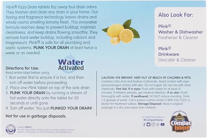 COMPAC HOME Plink Sink Drain Cleaner and Deodorizer, Air Fresheners for Garbage Disposal, Lemon Scented, Home Accessory Cleaning Products for Kitchen and Clogged Drain, 6 Count (Pack of 8), 48 Tablets