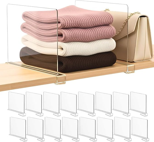 Shelf Dividers Purse Organizer for Closet: 16-Pack Acrylic Bag Storage Organizer for Handbags, Clutches, Clothes, Sweater, Towel on Wood Shelves
