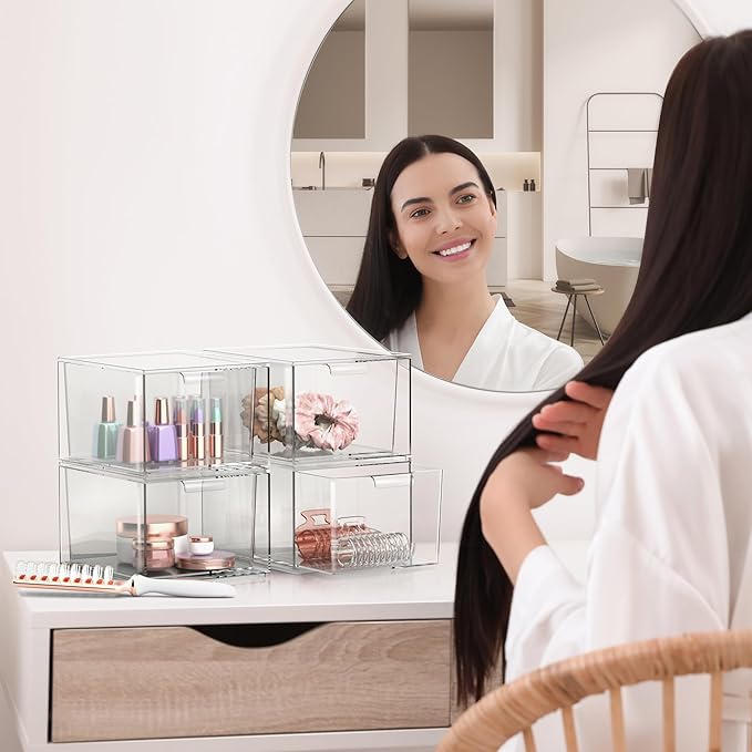 Sorbus Stackable Acrylic Drawers - Clear Make Up Organizers for Vanity - 2 Plastic Storage Bins for Room Decor, Bathroom Organization and Storage, Office Supplies, Makeup Drawer Organizer, Undersink