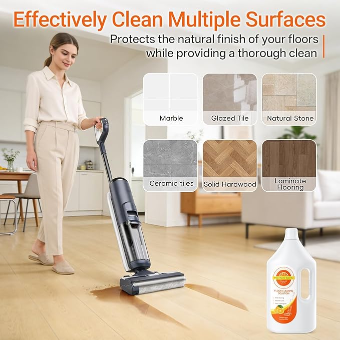 Floor Cleaner Compatible with Tineco Cleaning Solution, Suitable with All Robotic Vacuum Mop and Cordless Wet/Dry Vacuum Mop Cleaner, Multi-Surface Deodorizing & Cleaning Solution (2.5 L, Orange)