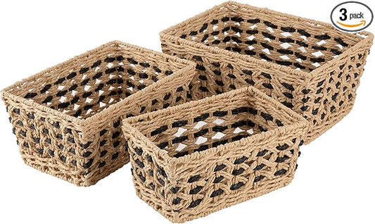 OIAHOMY Wicker Storage Baskets, Paper Rope Shelf Bins, Decortive Baskets for Organizing, Set of 3-Yellow & Black