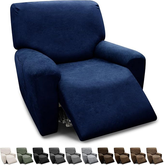 Chair Covers 4-Pieces Recliner Chair Covers 1 Seater Cover for Recliner Chair Leather Look Recliner Slipcovers with Pockets Spandex Fabric Furniture Covers(XL Recliner, Navy)