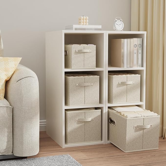 Open Storage Baskets, Collapsible Cube Bins, Fabric Container Organizer with Metal Handles, Boxes for Shelves, Closet, Living Room, 13x9.1x7.9in, Grey and Beige, 4 Pack