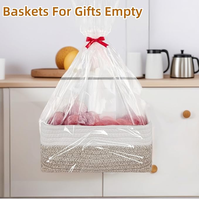 4 Pack Storage Baskets for Organizing, Small Storage Bins for Shelves, Woven Cotton Rope Baskets with Handles, Organizer Baskets for Gifts Empty, 12''Lx8''Wx4.5''H (Gradient Brown)