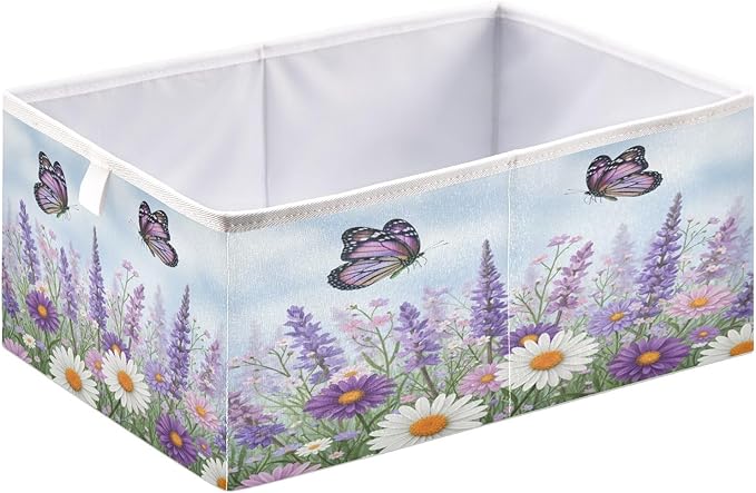 Bolaz Spring Wild Flowers Purple Butterfly Closet Organizers Storage Cubes Storage Bins Shelf Baskets Containers for Home Room Office,Square