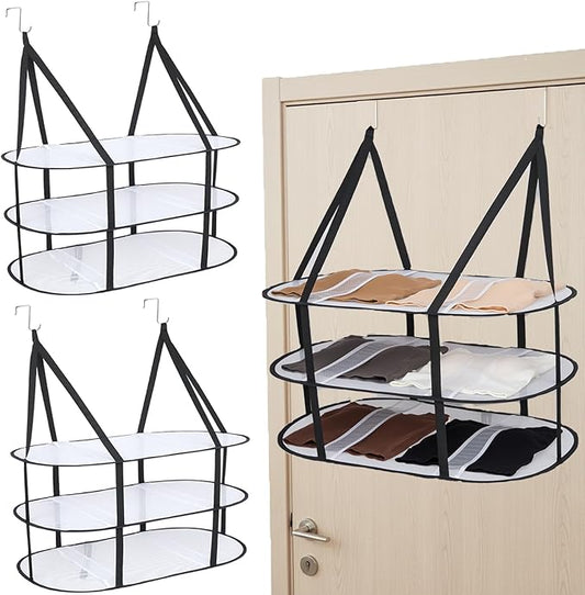 CINPIUK 2 Pcs 3-Tier Upgrade Sweater Drying Rack Over The Door, Foldable Mesh Hanging Dryer Flat with Hooks, Large Breathable Laundry Drying Hanger, Clothes Lay Flat Dryer for Dorms Bathrooms