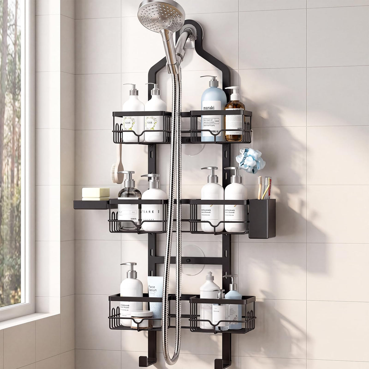 Shower Caddy Hanging, 3-Tier Hanging Shower Caddy Over Showerhead - Image 1