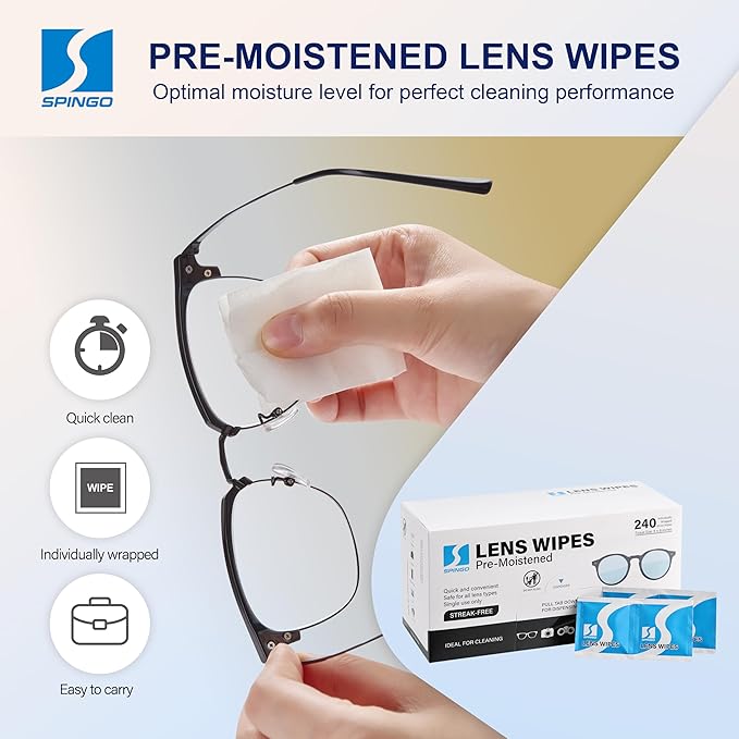 Lens Wipes for Eyeglasses, Pre-moistened Individually Wrapped Glasses Cleaner Wipes, Lens Cleaner Wipes for Sunglasses, Camera Lens, Goggles and Other Optical Lenses. (240 Count)