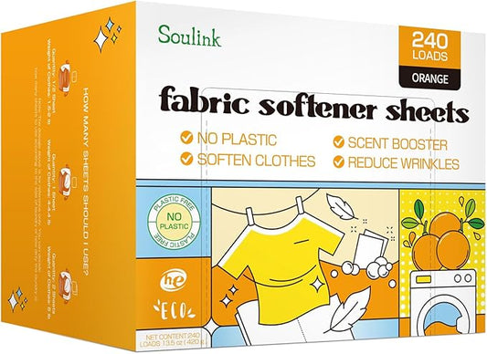 Soulink Fabric Softener Sheets for Washing Machine, No Plastic Jug Soap Strips, Alternative to Fabric Softener Liquid and Pods, Orange Scent, Up to 240 Loads