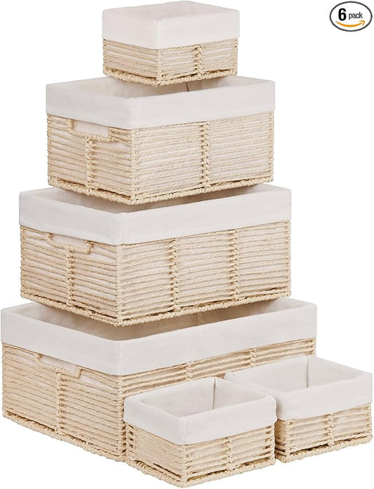 Vagusicc Wicker Storage Baskets, 6 Pack Baskets for Organizing, Wicker Basket with Handle, Rectangular Basket for Storage Shelves, Cube Storage Bins for Closet/Clothes/Dresser, Beige