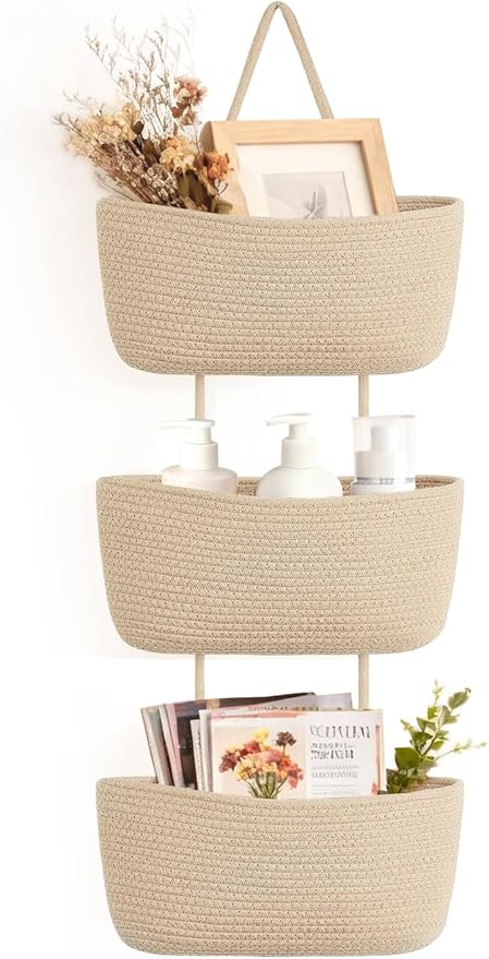 Dahey Over The Door Hanging Basket 3-Tier Woven Boho Wall Mounted Storage Organizer with Hooks for Bedroom Nursery Bathroom Apartments Dorm Pantry Decor, Jute