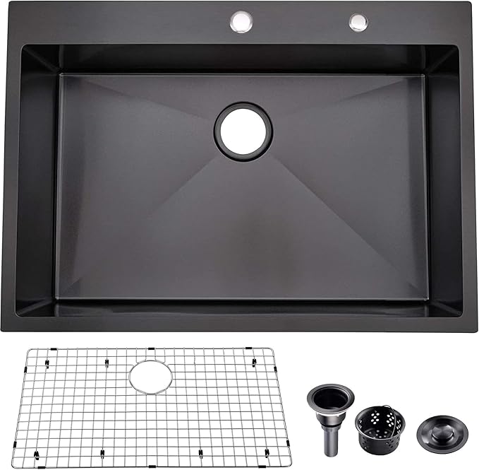 33″x22″x9″ Drop In Black Kitchen Sink, Top mount Stainless Steel Gunmetal Black Sink 16 Gauge Single Bowl, Handmade Commercial Modern Prep Kitchen Sinks