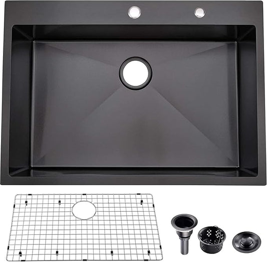 33″x22″x9″ Drop In Black Kitchen Sink, Top mount Stainless Steel Gunmetal Black Sink 16 Gauge Single Bowl, Handmade Commercial Modern Prep Kitchen Sinks