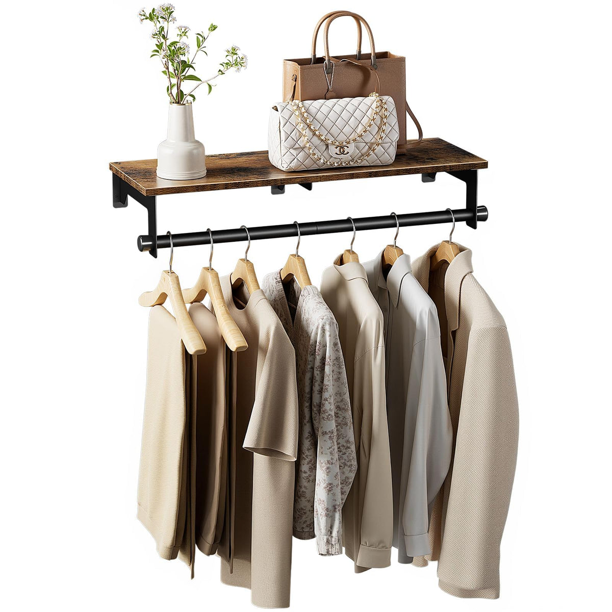 Luxspire 28.7" Wall Mount Clothes Rack with Wood Top Shelf - Image 1