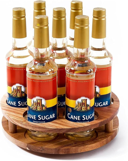 Acacia Wood Rotating Coffee Syrup Organizer, 7 Bottle Coffee Syrup Rack Organizer for Countertop, Turntable Bottle Holder for Coffee Bar Station