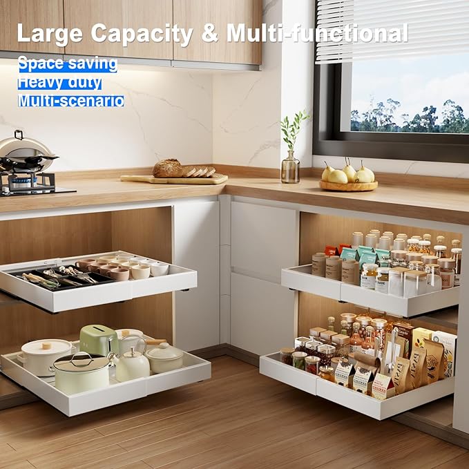 2 Pack Pull Out Cabinet Organizer Expandable, 21"Deep Slide Out Drawer for Cabinets Adhesive Pull Out Drawers Heavy Duty Pull Out Shelves for Kitchen, Cupboard, Pantry, Bathroom(White)