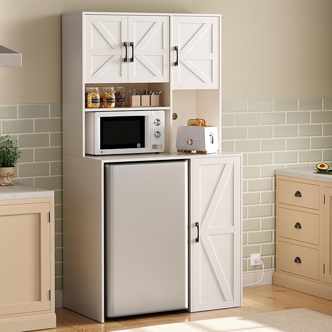 Mini Fridge Cabinet with Storage, Coffee Bar Cabinet with Mini Fridge Space and Outlet, Wine Bar Stand with Microwave Shelf, Beverage Station for Kitchen, Dorm, Office White KH02MRW