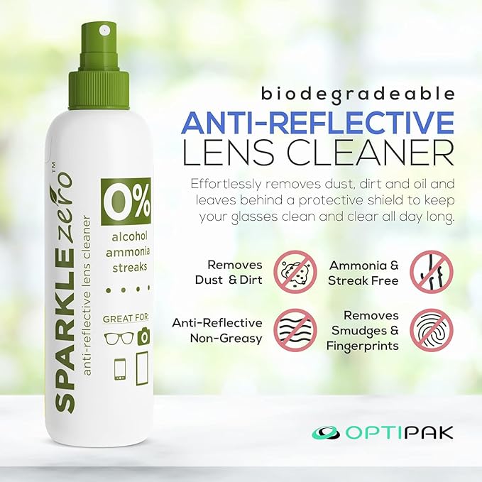 Sparkle Anti-Reflective Eco Friendly Lens Cleaner Spray Kit | (2x) 2oz Glasses Cleaner Bottle + (2x) Microfiber Cloth for Eyeglasses, Lenses, Screens and Sunglasses Cleaning Kit (4 Piece Set)