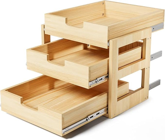 Pull Out Cabinet Organizer, 26''W×21''D Sliding Drawers for Cabinets, 3 Tier Soft Close Slide Out Wooden Pull out Drawers, Base Cabinet Organization for Kitchen, Pantry, Bathroom