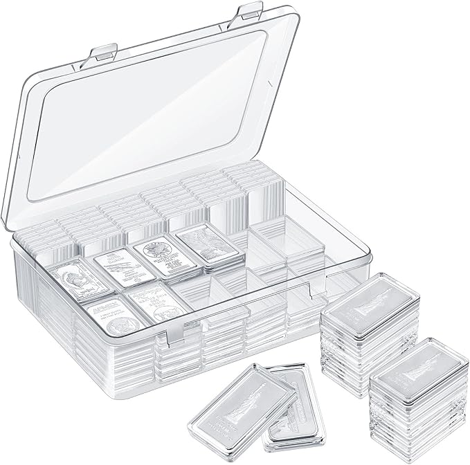 Batiyeer 25 Pcs 1 oz Silver Bar Case Holder Clear Acrylic Bar Capsule Storage Container for 1 Ounce Holder with Plastic Storage Box for Collectors Investors