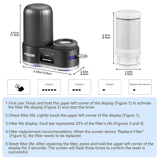 Faucet Water Filter for Sink, with LED Display Water Filter, Turbine-Powered UV Sterilization, Reduces Chlorine, Limescale, Heavy Metals, and Odors with 2 Replacement Filter