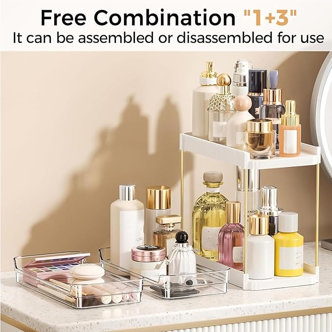 2 Tier Bathroom Counter Organizer, Removable Clear Tray Vanity Shelf for Makeup, Perfume, Skincare,Slide out Cosmetics Countertop Storage Rack for Bathroom Dresser，White