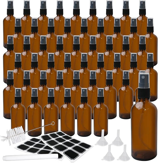52 Pcs 4 Oz Amber Glass Spray Bottles with Funnel, Brush & Labels Set Small Spray Bottle for Travel, Oil Spray & Mist