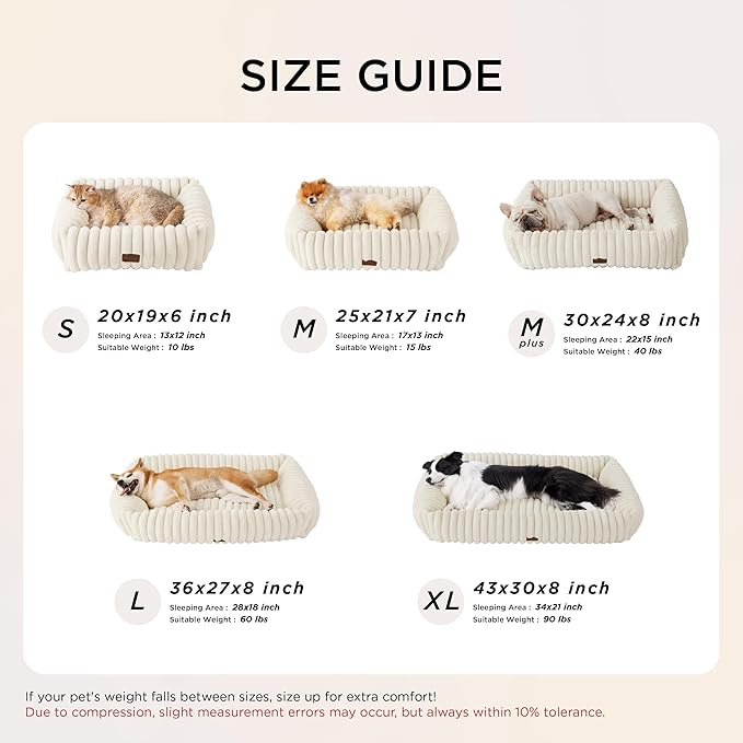 Bedsure Cute Dog Bed for Small Medium Dogs - Washable Furry Puppy Beds, Rectangle Orthopedic Corduroy Fleece Pet Beds with Removable Zipper Cover, 25x21x7inches, Cream