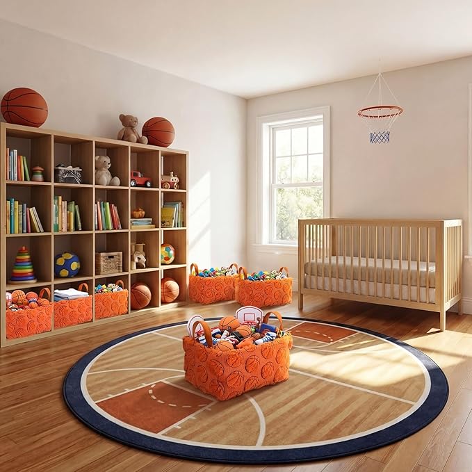 2 Pcs Orange Basketball Storage Baskets 14x10 Inch Easter Basket Sport Theme Home Decor Foldable Fluffy Plush Storage Bin with Handle Decorative Closet Organizer for Home Office Laundry Car